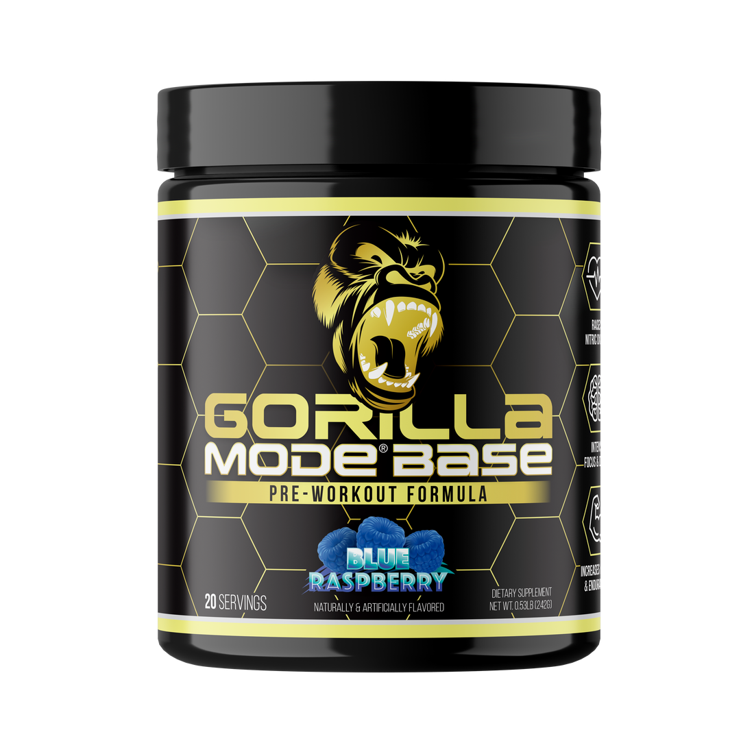 Gorilla Mode Base pre-workout, Blue Raspberry flavor, 20-scoop