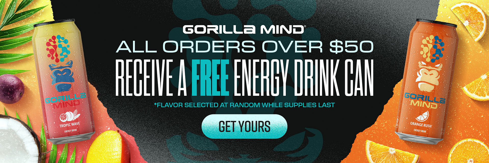 Gorilla Mind free can promotional banner featuring Gorilla Mind energy drinks.