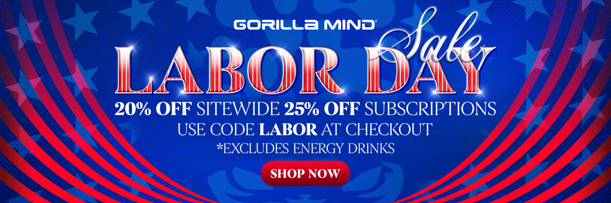 Gorilla Mind USA themed labor day sale banner highlighting 20% off sitewide with code Labor.