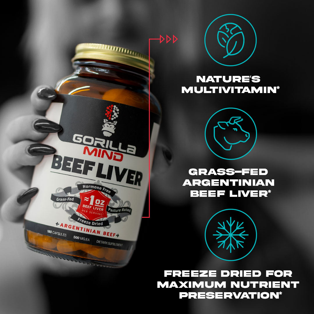 Gorilla Mind Beef Liver key product callouts and benefits