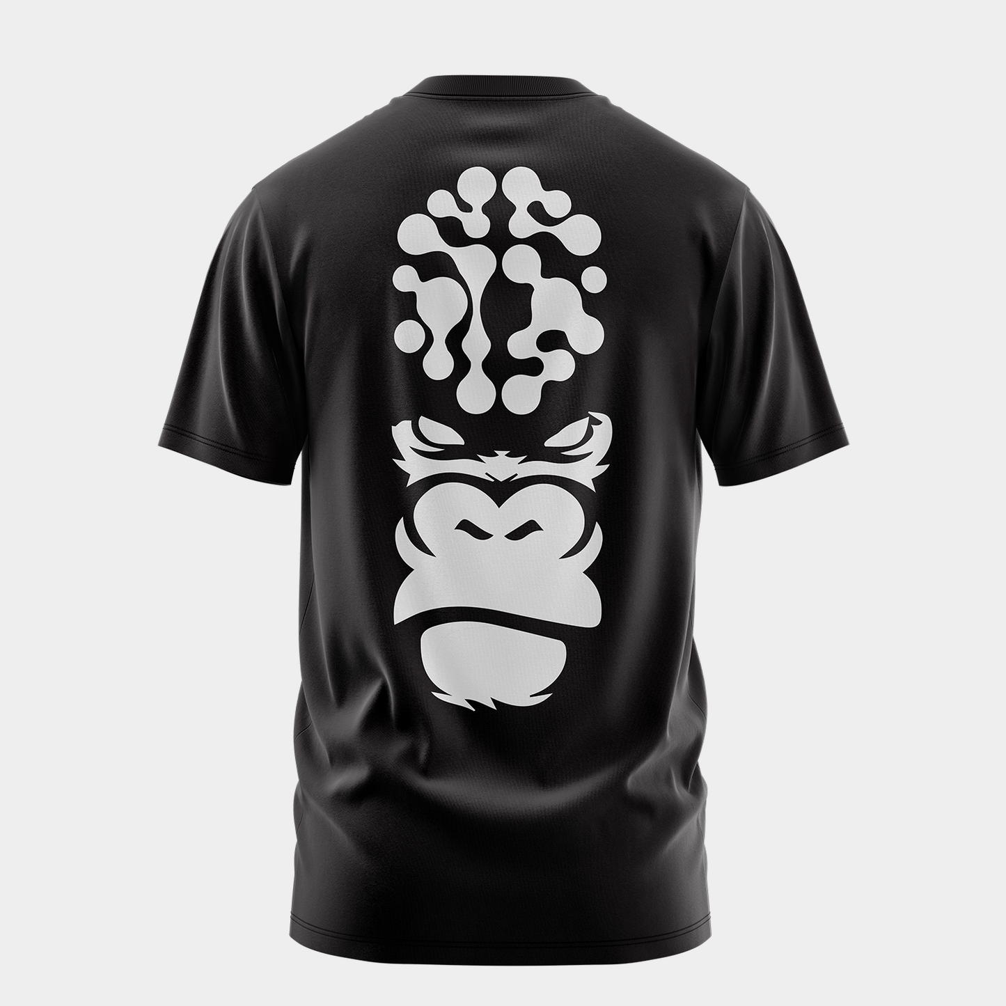 Gorilla Mind black tee with white print, back view