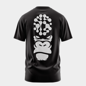 Gorilla Mind black tee with white print, back view