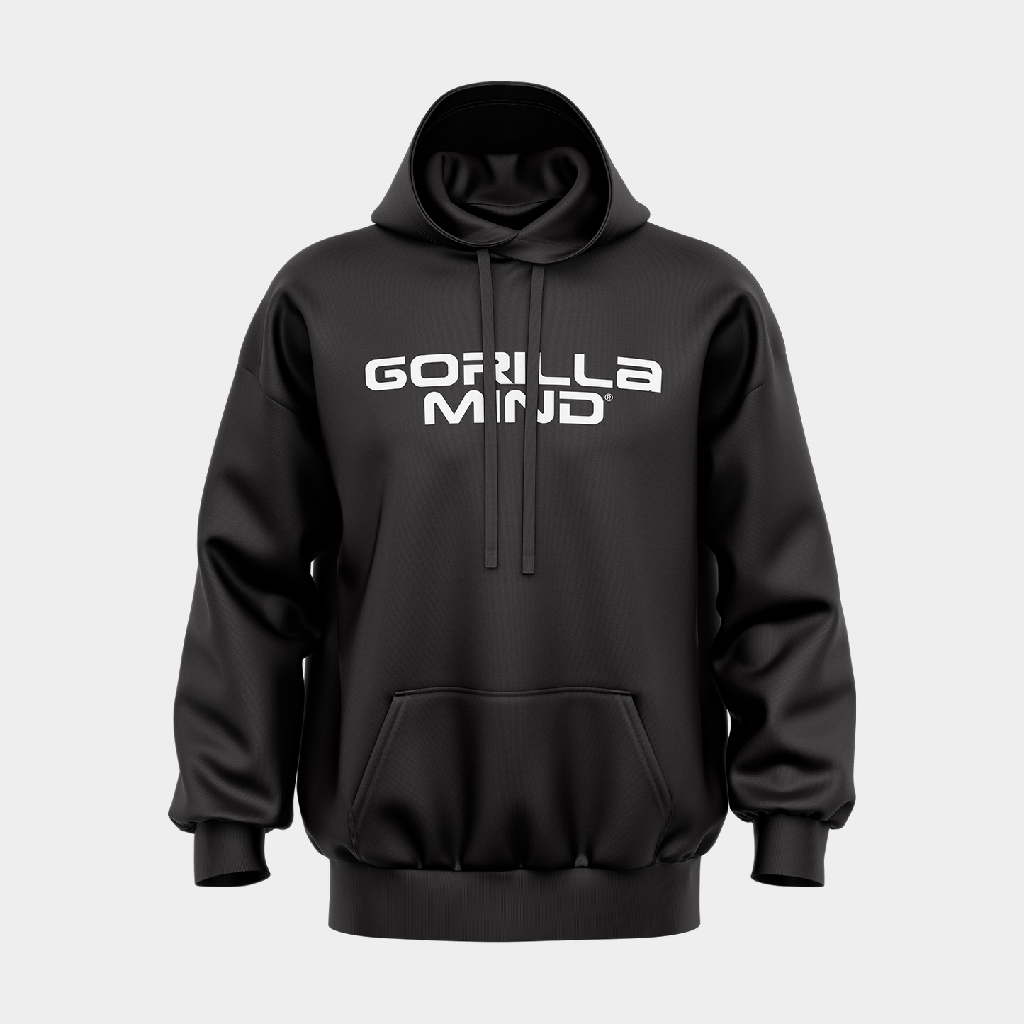 Gorilla Mind Core Logo Hoodie, Black with white print, front view