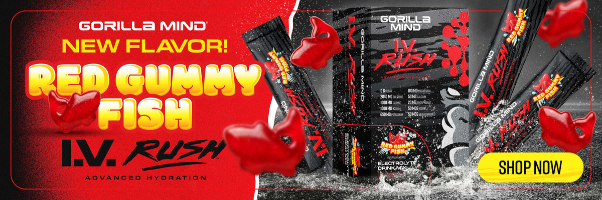 Gorilla Mind I.V. Rush electrolyte drink mix in new Red Gummy Fish flavor, featuring a box and individual packets. Shop now.