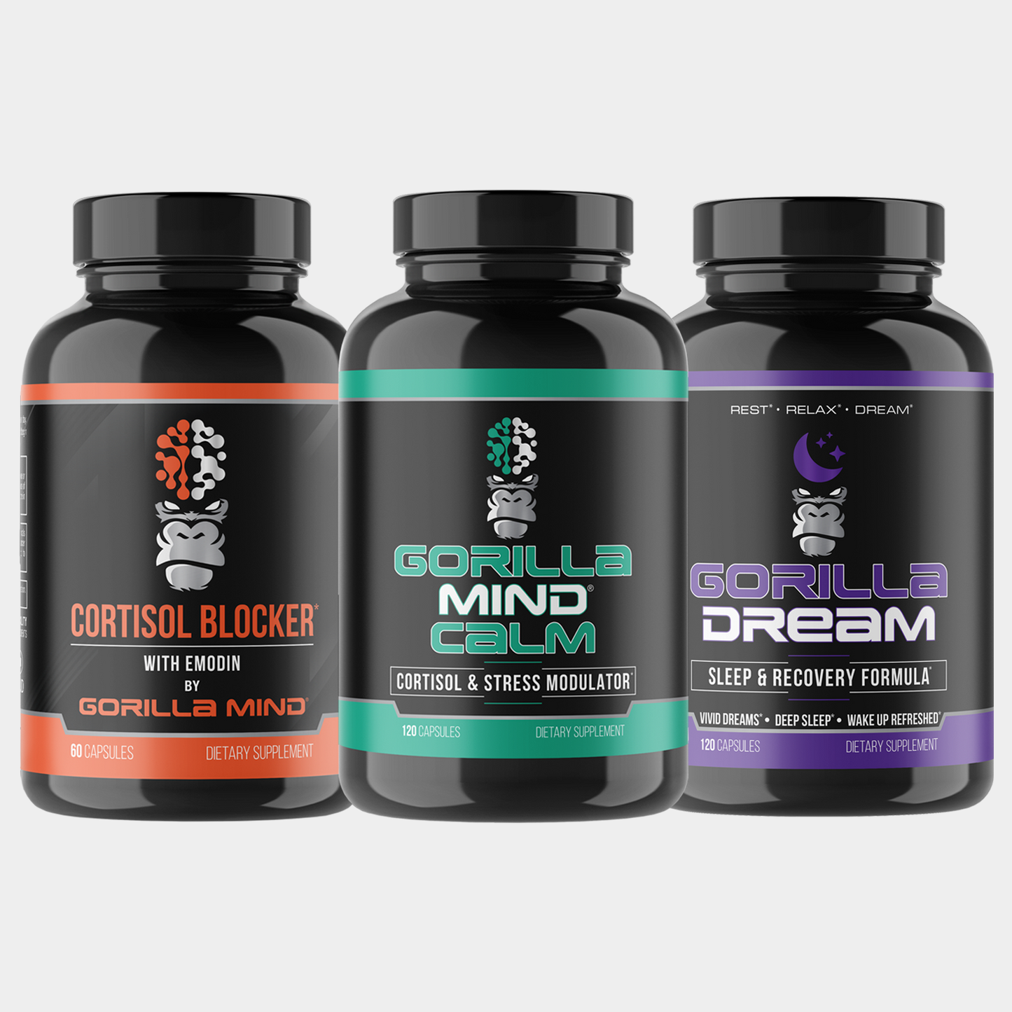 Gorilla Mind low cortisol stack bundle: Cortisol Blocker, Calm, and Gorilla Dream