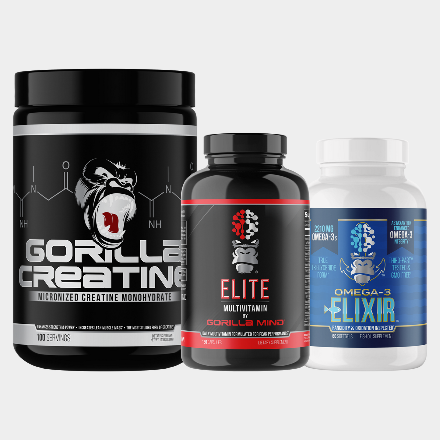 Gorilla Mind daily foundations stack bundle: Creatine, Elite Multivitamin, and Omega-3 Elixir