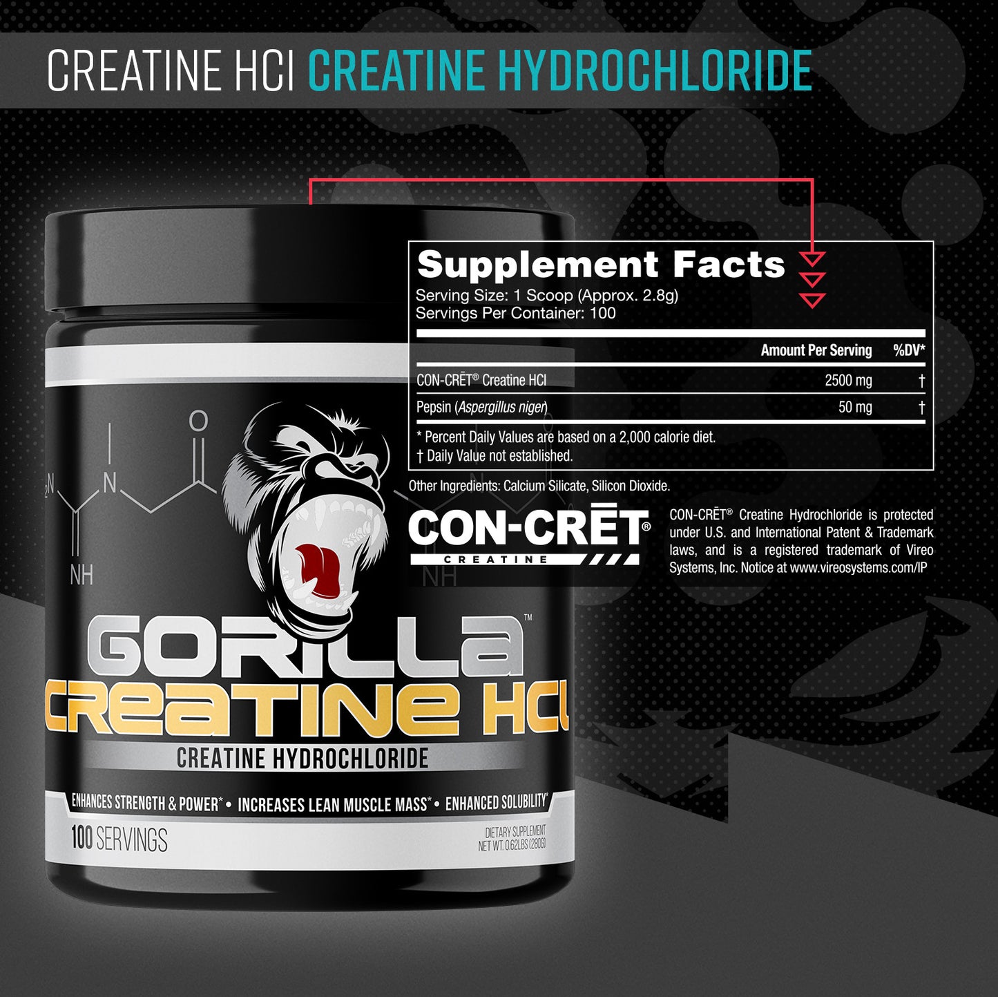 Gorilla Mind Creatine HCl supplement facts panel