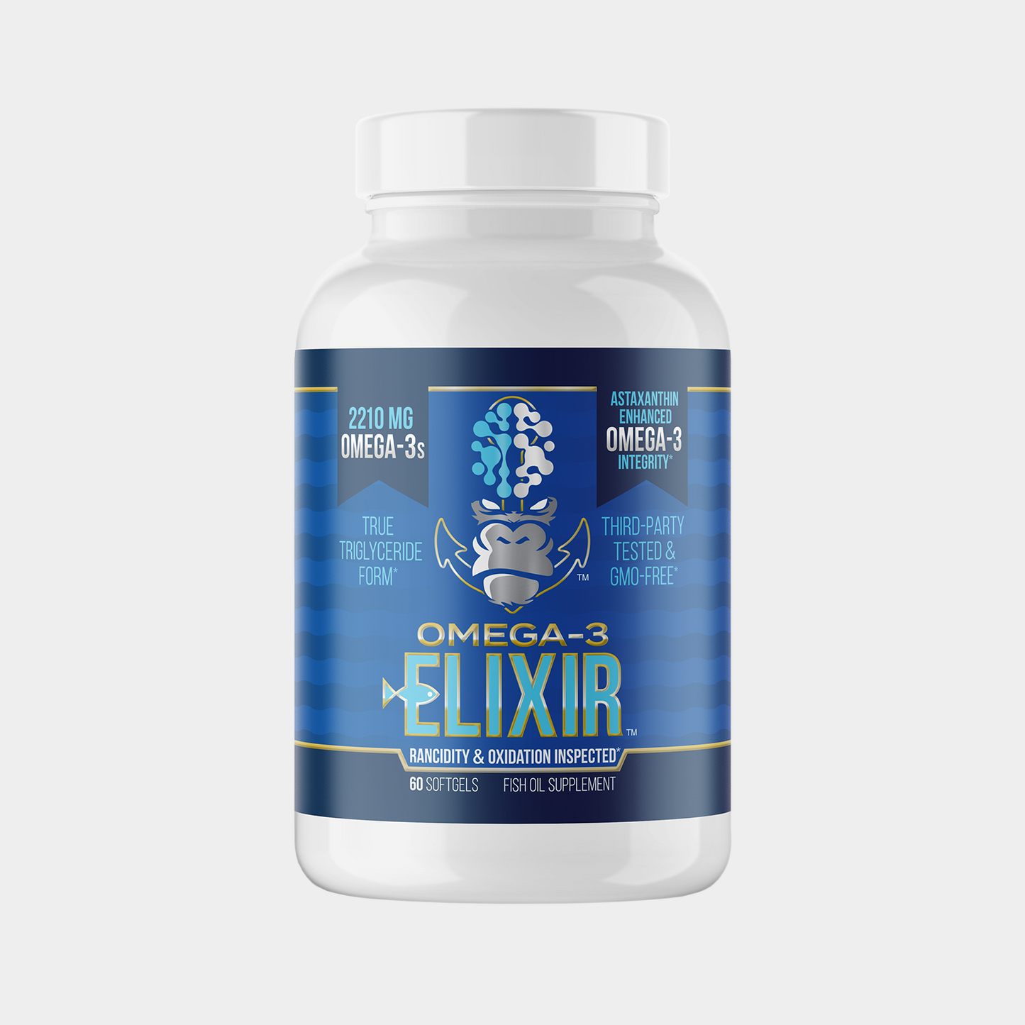 Gorilla Mind Omega-3 Elixir fish oil supplement bottle, hero product shot