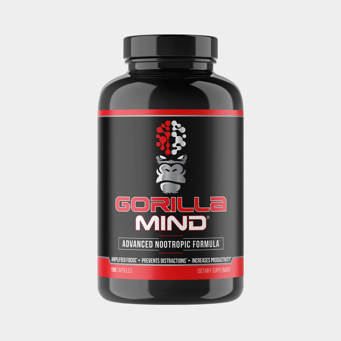 Gorilla Mind nootropic supplement bottle, hero product shot