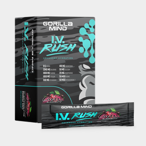 Gorilla Mind I.V. Rush electrolyte drink, Cherry Blackout flavor