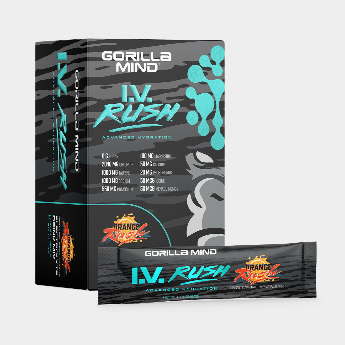 Gorilla Mind I.V. Rush electrolyte drink, Orange Rush flavor