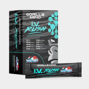 Gorilla Mind I.V. Rush electrolyte drink, Rocket Frost flavor