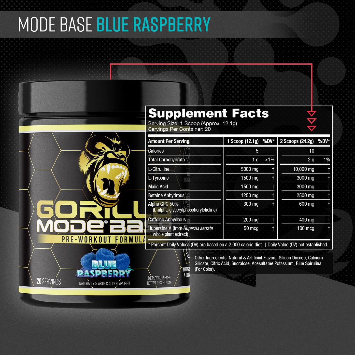 Gorilla Mode Base supplement facts panel, Blue Raspberry
