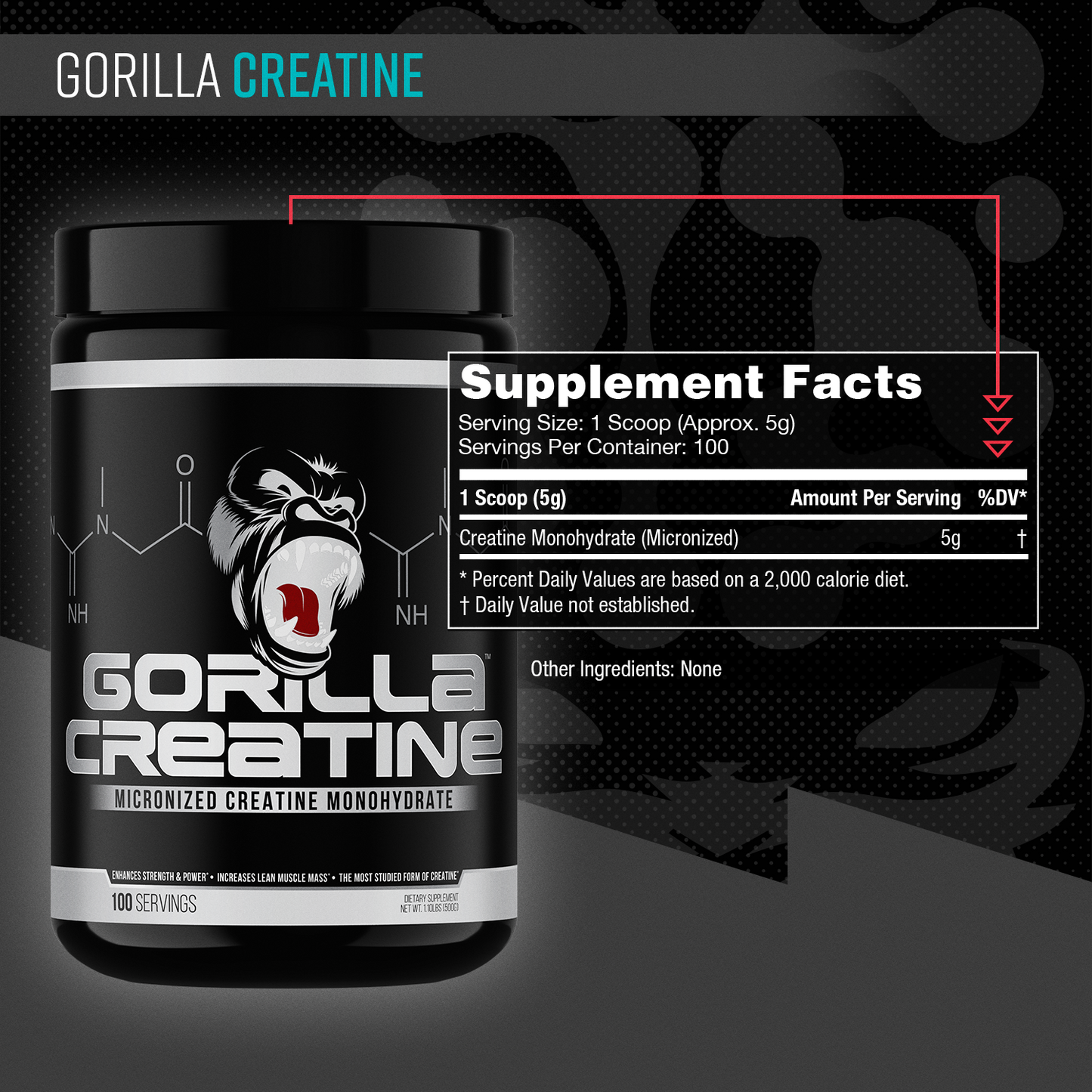 Gorilla Mind Creatine Monohydrate supplement facts panel