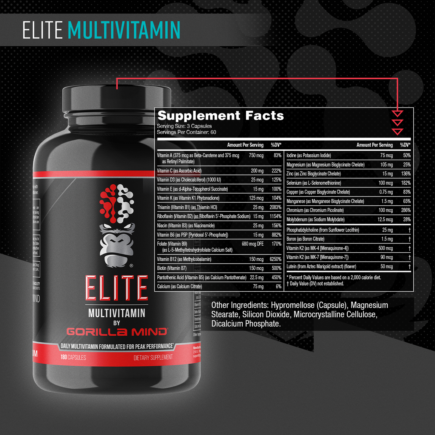 Gorilla Mind Elite Multivitamin supplement facts panel