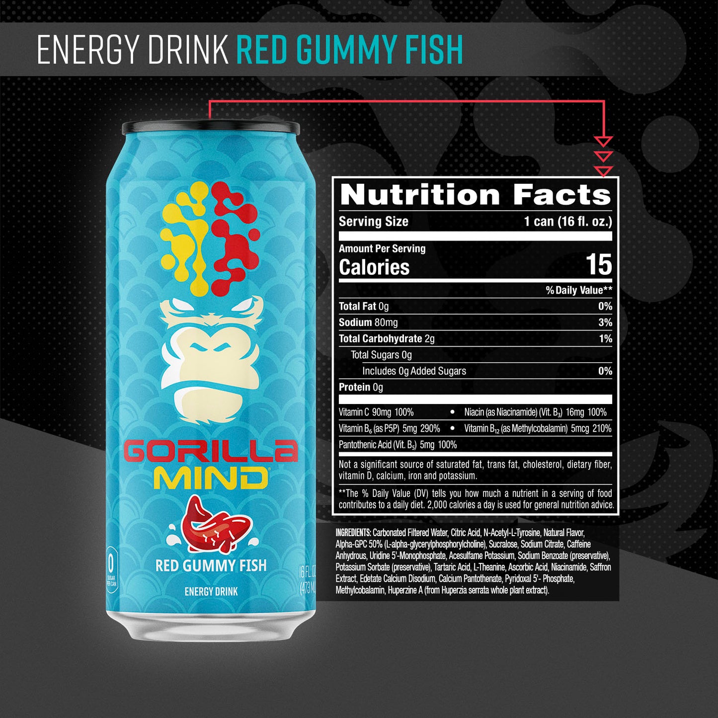 Gorilla Mode Energy Drink supplement facts panel, Red Gummy Fish