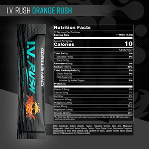 Gorilla Mind I.V. Rush supplement facts panel, Orange Rush