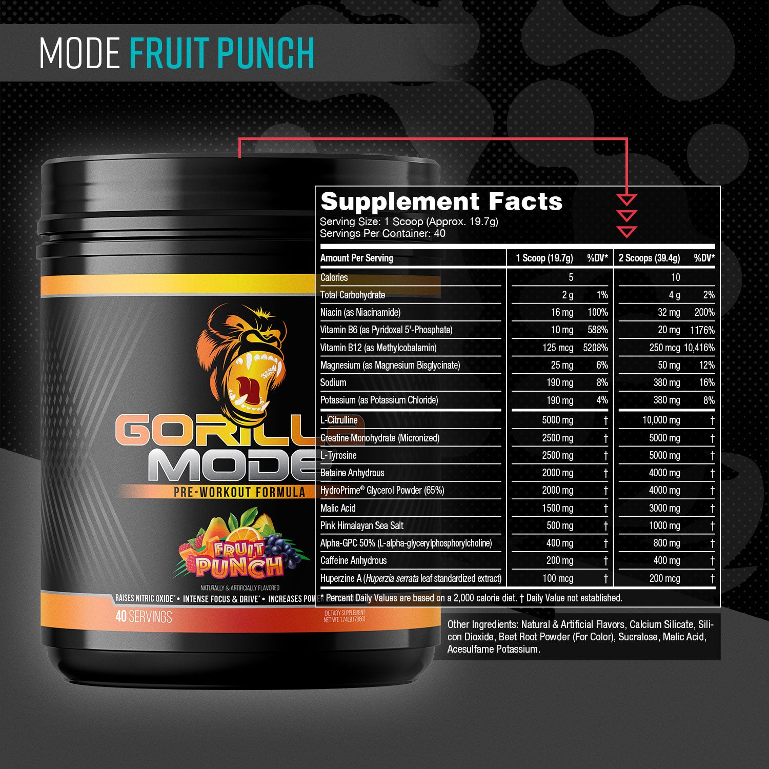 Gorilla Mode pre-workout supplement facts panel, Fruit Punch
