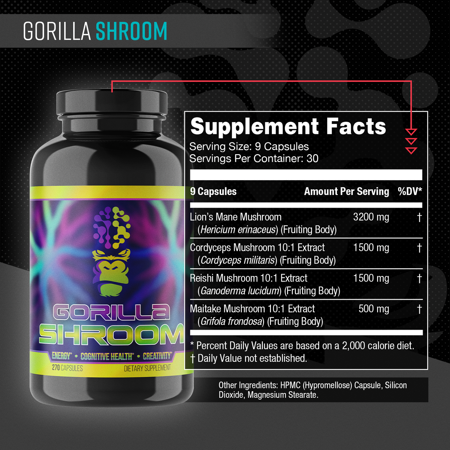 Gorilla Mind Gorilla Shroom supplement facts panel