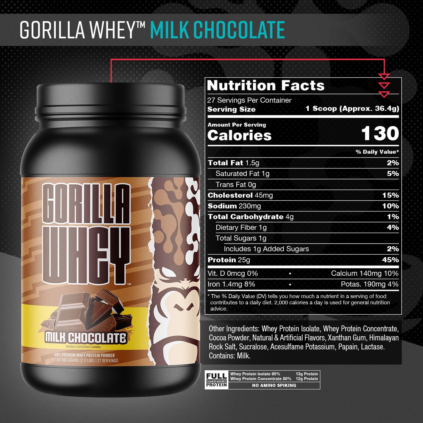 Gorilla Mode Whey Protein Milk Chocolate supplement facts panel
