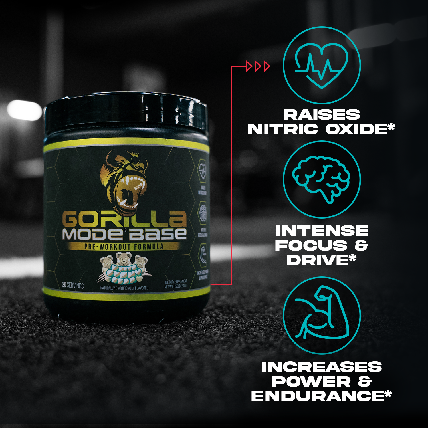 Gorilla Mode Base product image showing key callouts for the base formula