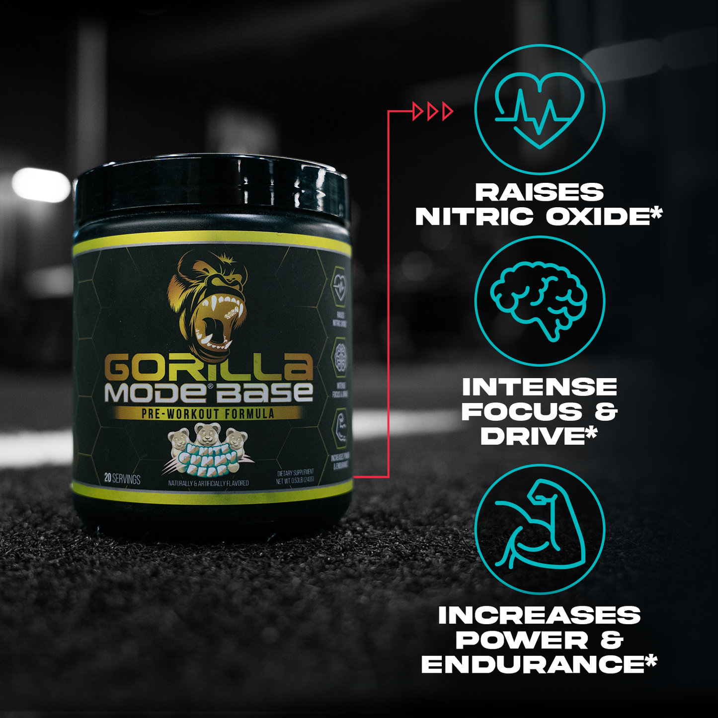 Gorilla Mode Base pre-workout key product callouts and benefits