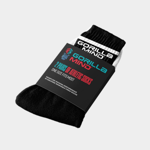 Black athletic socks with Gorilla Mind branding on a white background