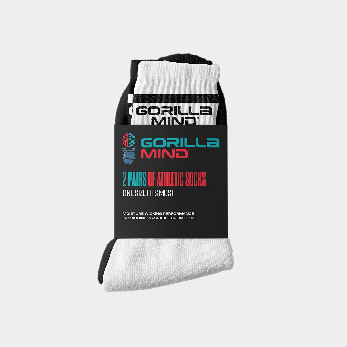 Pack of white socks with 'Gorilla Mind' branding on a white background
