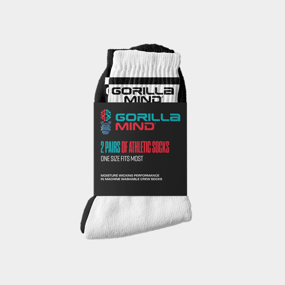 Pack of white socks with 'Gorilla Mind' branding on a white background