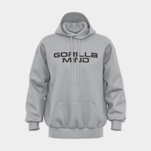 Gorilla Mind Core Logo Hoodie, Grey with black print, front view