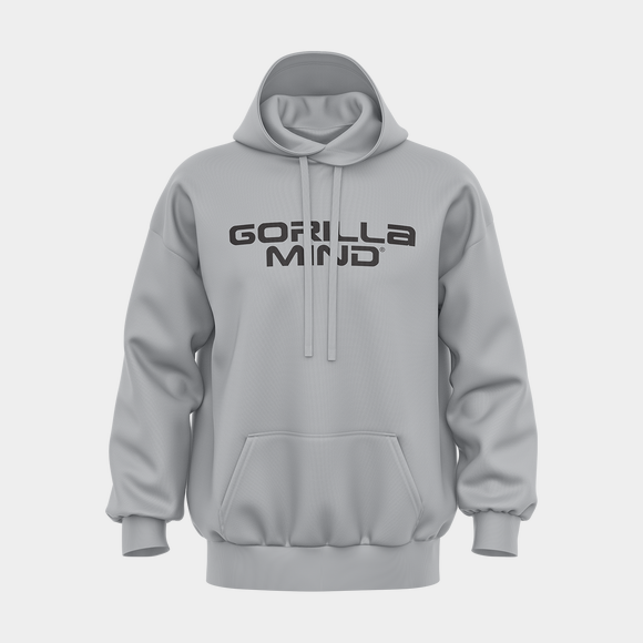 Gorilla Mind Core Logo Hoodie, Grey with black print, front view
