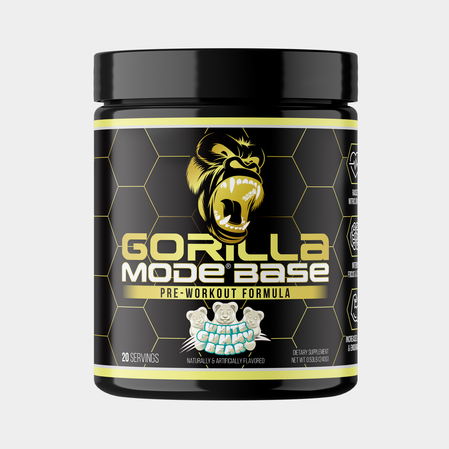 Gorilla Mode Base pre-workout, White Gummy Bear flavor, 20-scoop