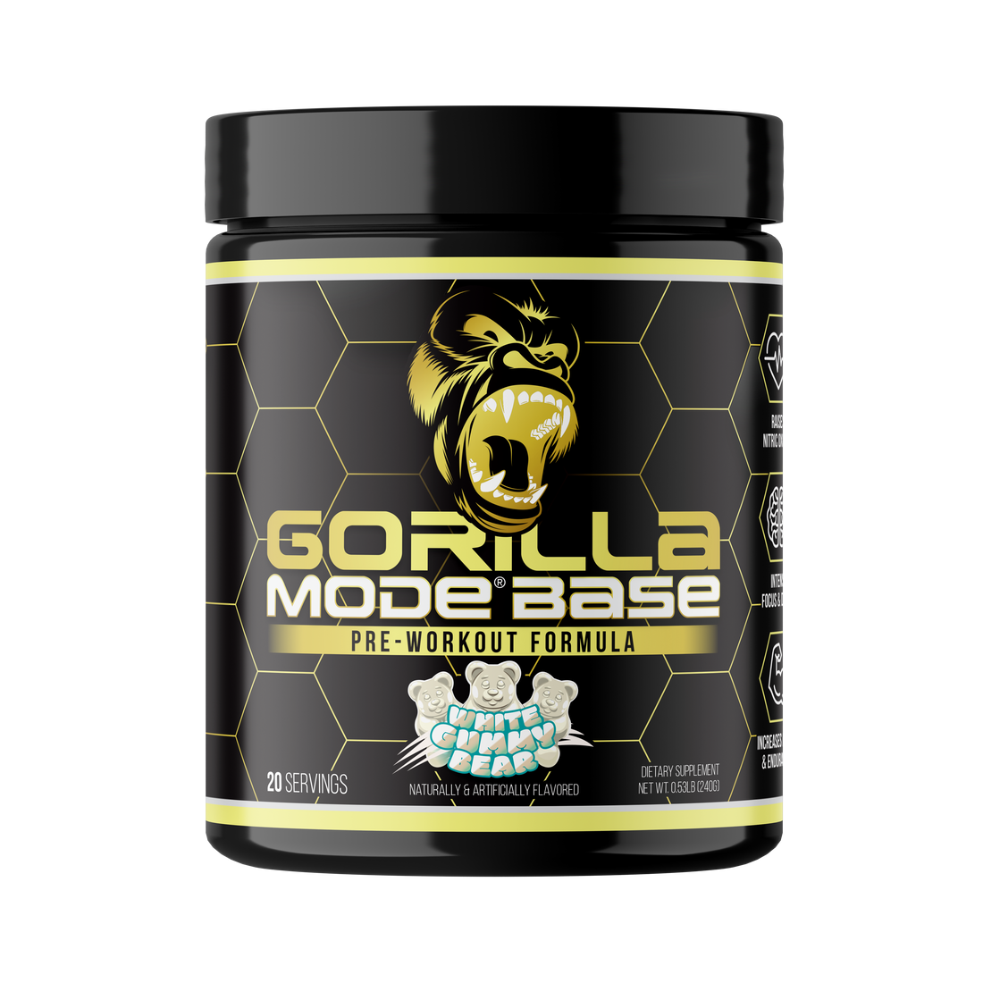 Gorilla Mode Base pre-workout, White Gummy Bear flavor, 20-scoop