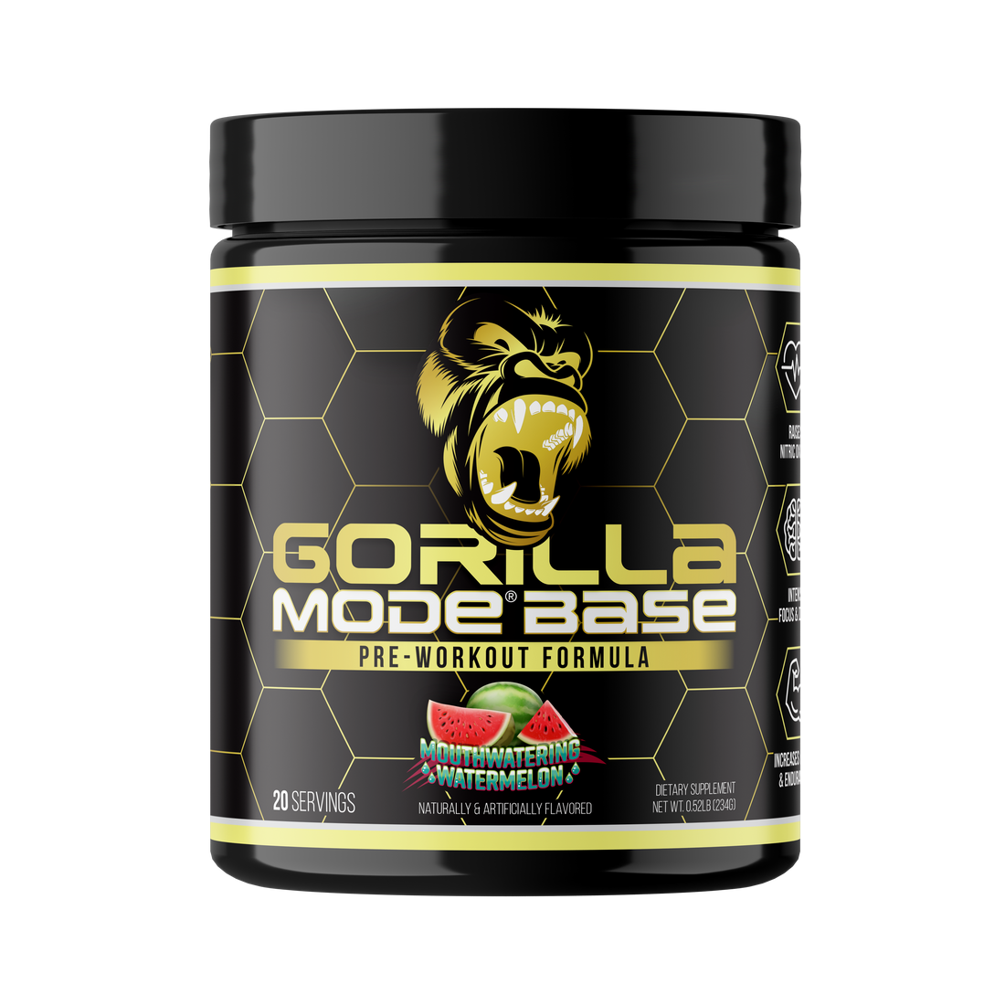 Gorilla Mode Base pre-workout, Mouthwatering Watermelon flavor, 20-scoop